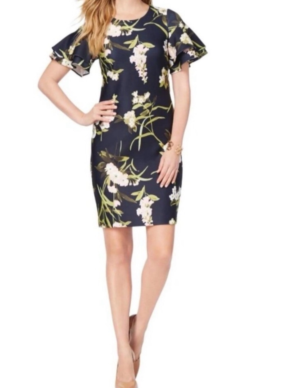 Tommy Hilfiger Navy pink Floral Ruffle Sleeve scuba Mini Dress women’s size 2